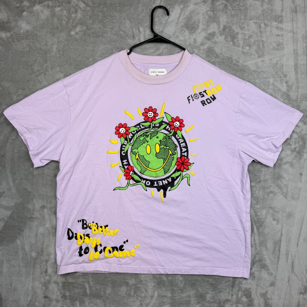 First Row Mens XXL Purple Graphic T-Shirt Earth Smiley Puff Print Streetwear
